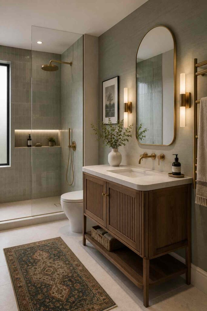 Contemporary bathroom featuring a freestanding wood vanity with a white stone countertop and integrated sink, an arched mirror with brushed brass wall sconces, brushed brass wall-mounted faucet and shower fixtures, a frameless glass walk-in shower with soft green vertical wall tiles and a recessed illuminated niche, a heated towel rail, decorative greenery, and a patterned runner rug adding warmth to the neutral space.

