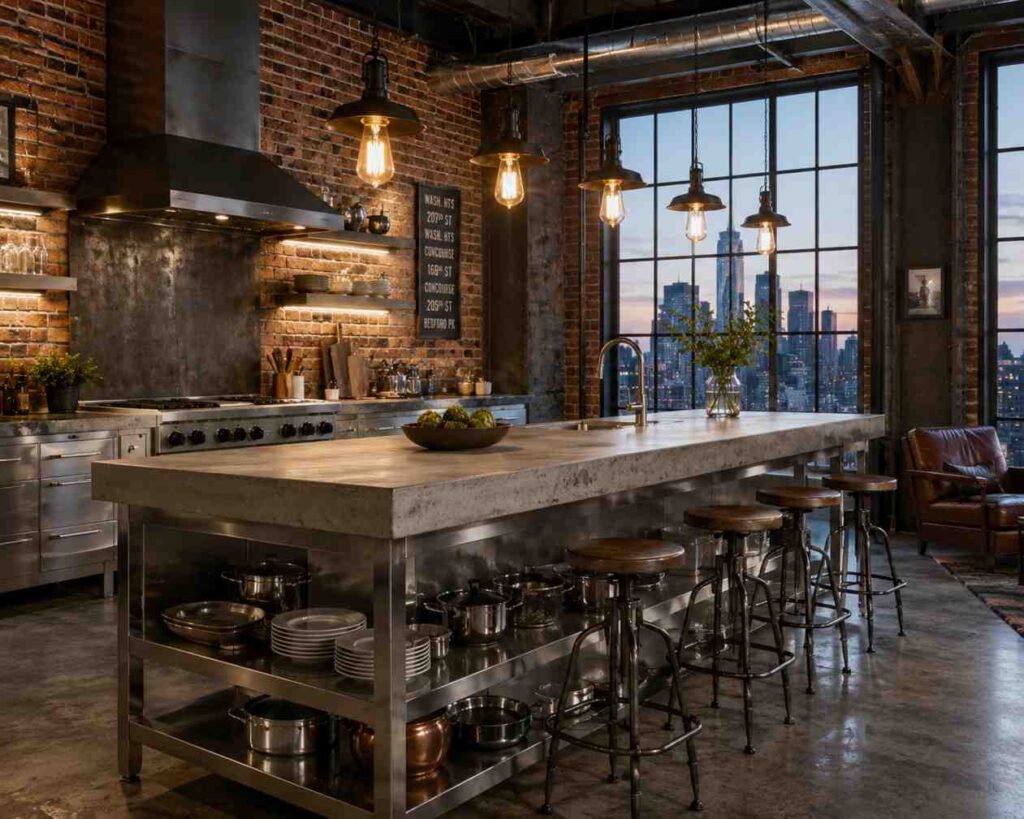 Industrial-style kitchen featuring a large restaurant-inspired island with a thick poured-concrete countertop and stainless-steel open shelving stocked with cookware and dishes. Five metal bar stools with footrests line the island, while exposed Edison bulb pendant lights hang overhead. The space includes exposed brick walls, stainless steel appliances, polished concrete floors, and large factory-style windows overlooking a city skyline at dusk.
