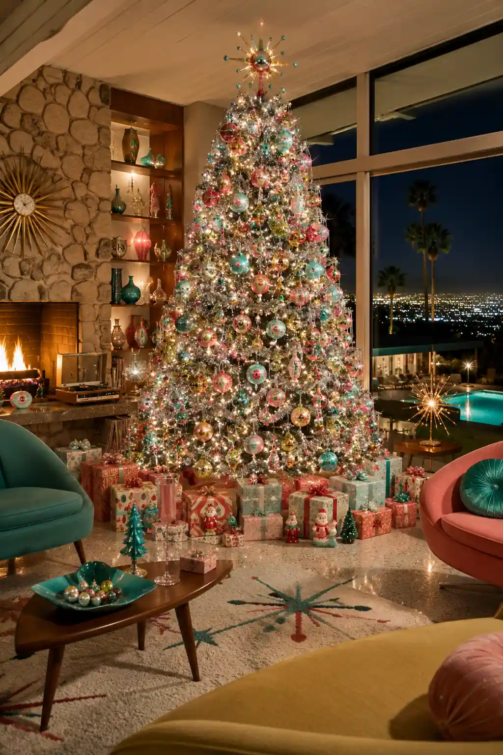 Vintage-inspired Christmas tree decorated with turquoise, pink, red, and yellow ornaments, silver tinsel, atomic starburst topper, and retro holiday decor inside a luxurious mid-century modern living room with Palm Springs vibes.