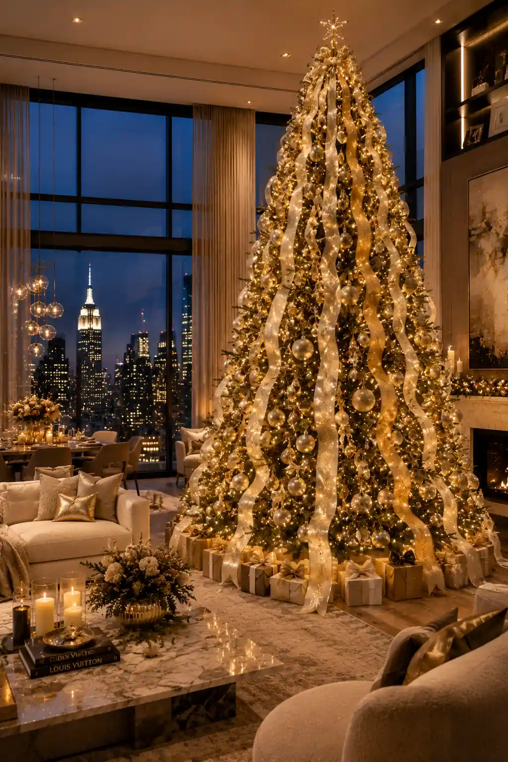 Elegant Christmas tree decorated with cascading ivory velvet ribbon featuring metallic thread, warm fairy lights, champagne ornaments, and luxury holiday decor inside a modern penthouse living room with floor-to-ceiling windows and city skyline views.
