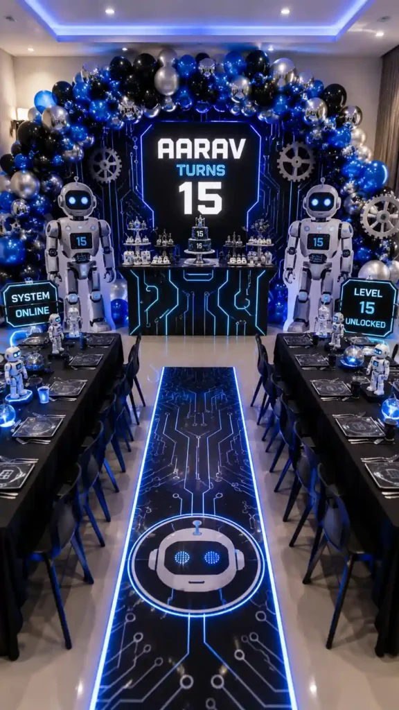Futuristic robot-themed birthday party setup featuring neon blue lighting, circuit-board graphics, and metallic blue, silver, and black balloon garlands. A personalized backdrop reads 'Aarav Turns 15' and is flanked by life-size robot figures, while illuminated signs display messages such as 'System Online' and 'Level 15 Unlocked.' The celebration includes a tech-inspired cake, robotic décor, glowing table settings, and a digital-themed runway, creating an immersive sci-fi atmosphere