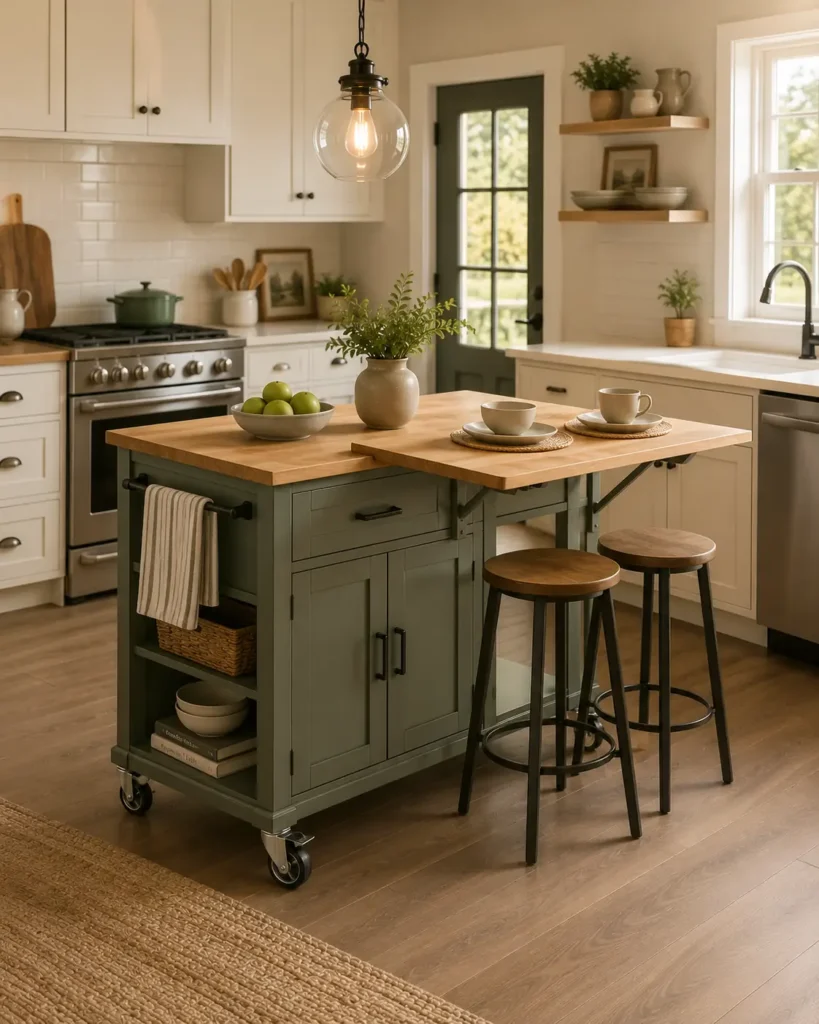 Versatile mobile kitchen island with locking caster wheels, a butcher-block countertop, and a drop-leaf extension creating seating for two. The island features a sage green base, open storage shelves, and two modern stools in a bright farmhouse-style kitchen filled with natural light.
