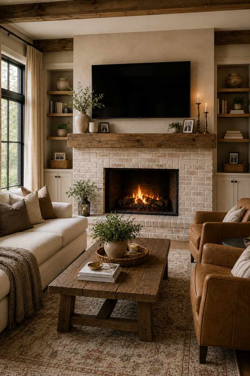 Cozy farmhouse living room with a thick reclaimed wood mantel mounted above a whitewashed brick fireplace and wall-mounted television. Built-in shelves, cream linen seating, rustic wood furniture, leather armchairs, and warm natural light create a welcoming family-friendly atmosphere.