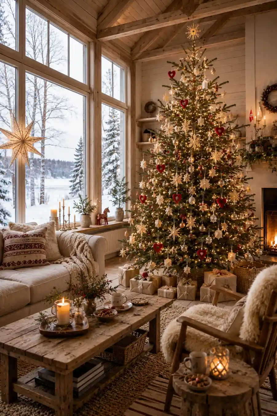 Scandinavian-inspired Christmas tree decorated with straw stars, red wooden hearts, warm white lights, and minimalist Nordic ornaments in a cozy living room with snowy views, natural wood textures, and hygge holiday decor.