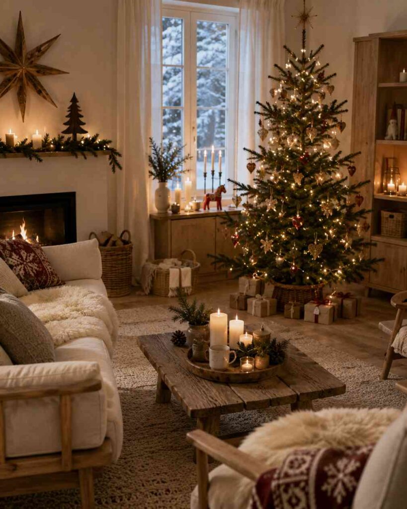 Cozy Scandinavian-style living room decorated for Christmas. A natural Christmas tree adorned with warm white lights, heart ornaments, stars, and rustic decorations stands beside a large window overlooking a snowy outdoor scene. Soft candlelight glows throughout the room, highlighting neutral furnishings, wooden furniture, knitted textiles, and sheepskin throws. A rustic wooden coffee table displays candles and greenery, while a fireplace, woven baskets, and simple holiday accents create a warm, inviting winter atmosphere.