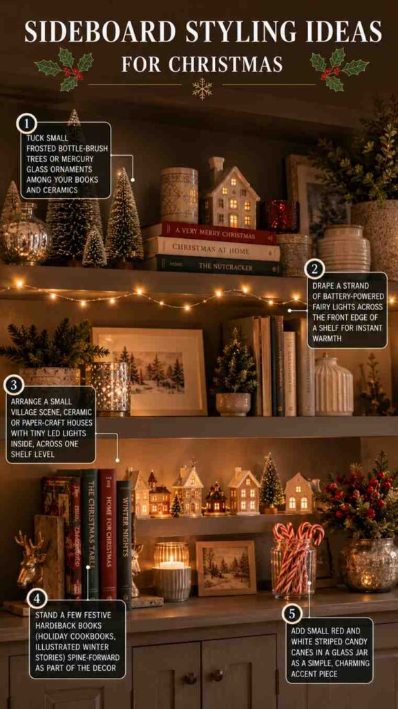 The image features a warmly lit sideboard and shelving display decorated with miniature frosted trees, illuminated ceramic village houses, fairy lights, holiday books, candles, framed winter artwork, greenery, and candy canes in a glass jar. Five decorating tips suggest incorporating small trees and ornaments among books, draping fairy lights across shelves, creating a miniature holiday village scene, displaying festive hardcover books, and using candy canes as a simple decorative accent.
