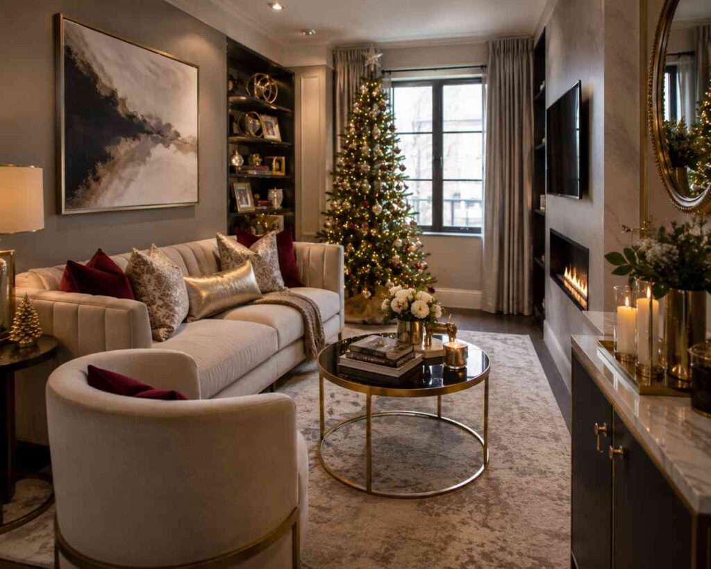 Elegant contemporary living room decorated for Christmas, featuring a lit tree by a window, neutral-toned sofa with gold and burgundy accent pillows, round black-and-gold coffee table, modern fireplace, built-in shelving, and soft ambient lighting for a sophisticated holiday setting. 