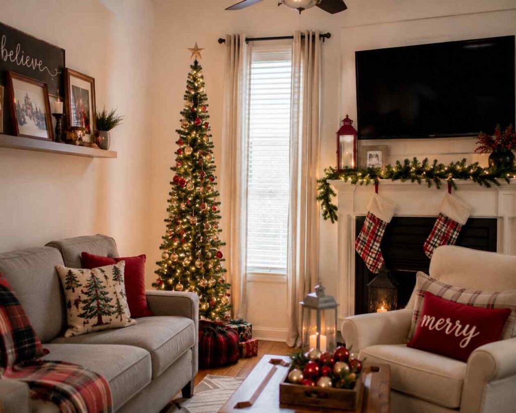 Cozy Christmas living room featuring a slim decorated tree beside a window, plaid stockings hanging from a garland-trimmed fireplace, gray sofa with festive pillows and throw blanket, cream armchair with a red “merry” cushion, and warm lantern candlelight creating a welcoming holiday setting. 