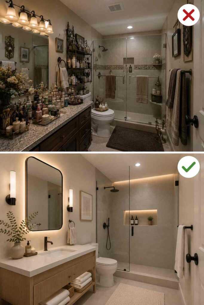A before-and-after bathroom renovation comparison. The top image (marked with a red X) shows a traditional bathroom with a dark wood vanity, granite countertop, large framed mirror, multi-bulb vanity light, glass shower enclosure, and numerous toiletries, cosmetics, and decorative items covering the countertop and shelves, creating a cluttered appearance. The bottom image (marked with a green check) features a modern spa-inspired remodel with a light wood floating vanity, white quartz countertop, softly backlit rounded-rectangle mirror, matte black fixtures, a frameless glass walk-in shower with a recessed illuminated niche, neutral large-format tiles, warm ambient lighting, and a clean, minimalist aesthetic.