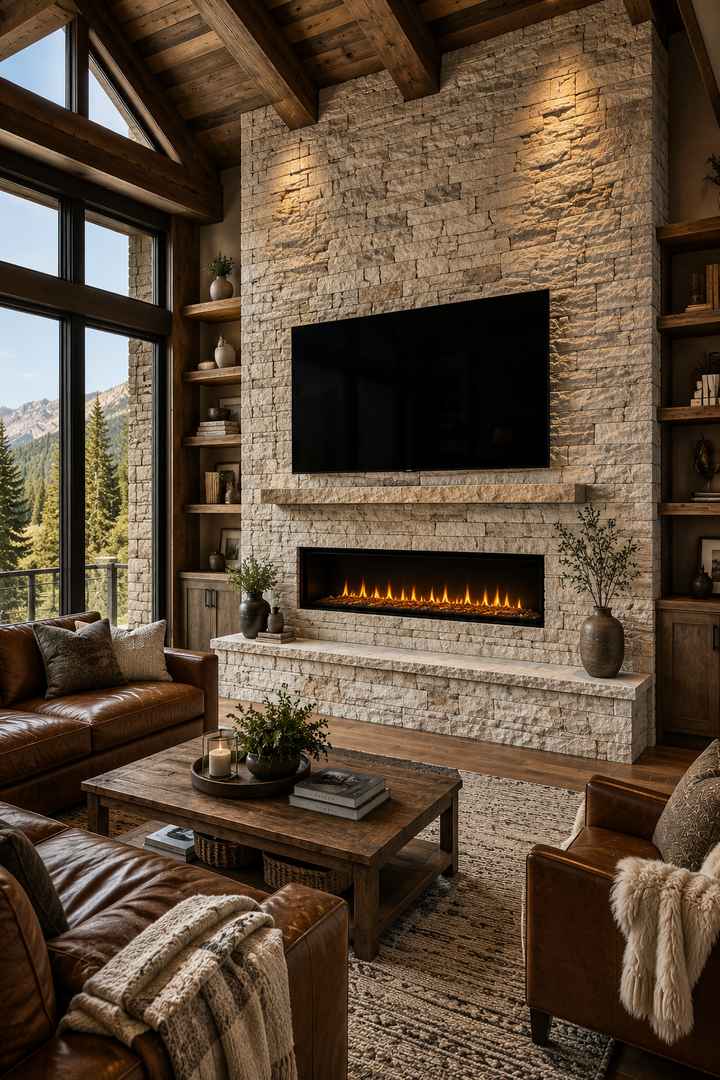 Modern rustic living room featuring a floor-to-ceiling stacked stone accent wall, recessed linear fireplace, wall-mounted TV, exposed timber beams, and cognac leather seating in a luxury mountain lodge setting.