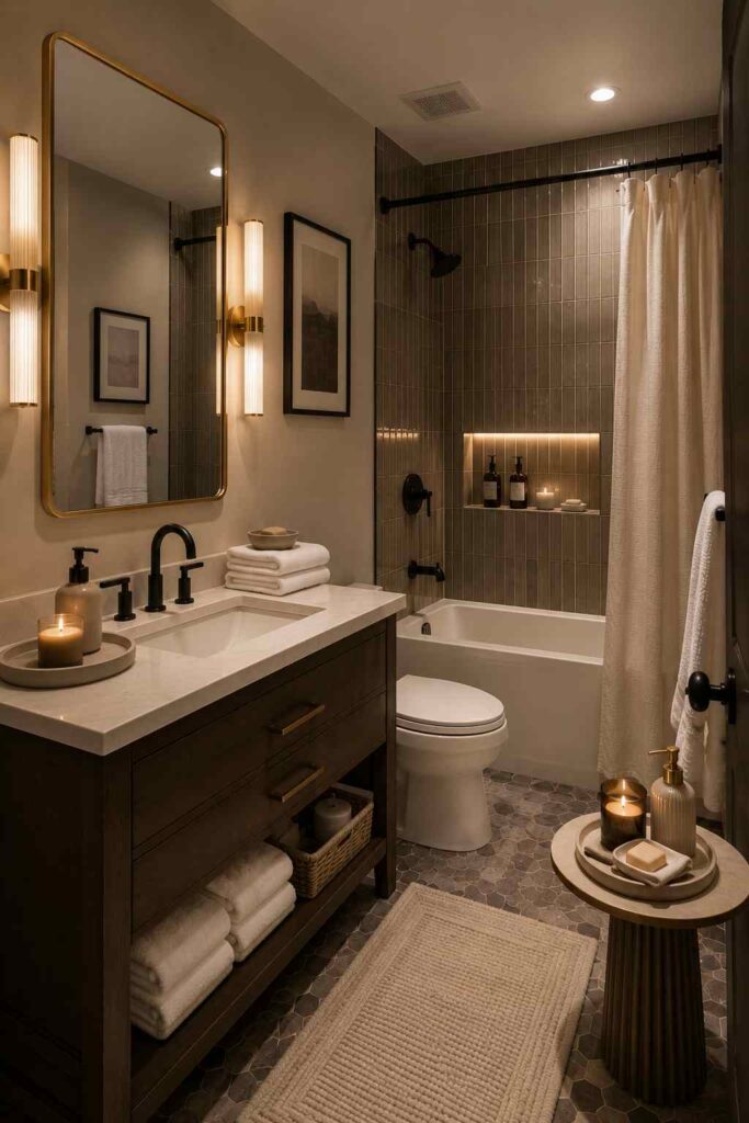 A cozy contemporary bathroom featuring a dark wood vanity with a white quartz countertop and integrated sink, complemented by matte black fixtures and a tall gold-framed mirror with vertical wall sconces. The bathtub and shower combination is finished with vertically stacked gray tiles, a softly illuminated recessed niche, and a white fabric shower curtain. Gray hexagon floor tiles, neatly folded towels, candles, framed artwork, and a decorative round side table with bath accessories create a warm, spa-inspired atmosphere.
