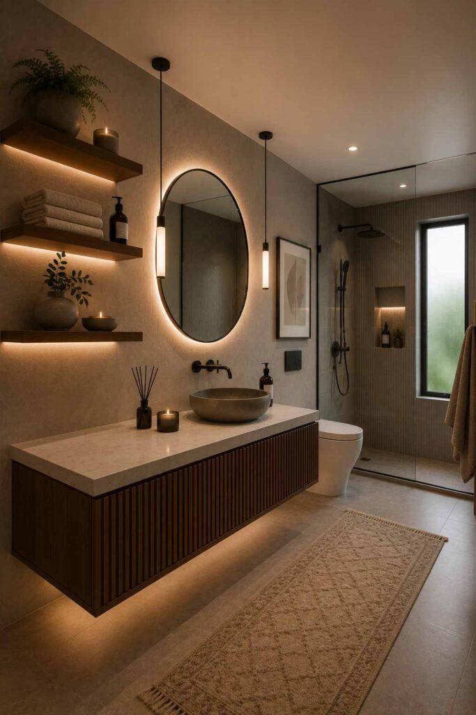 Modern spa-inspired bathroom with a floating walnut vanity featuring fluted wood panels, a white stone countertop with a round vessel sink, a backlit oval mirror flanked by slim pendant lights, warm ambient lighting, floating wooden shelves with integrated LED lighting and neatly folded towels, a frameless glass walk-in shower with matte black fixtures and a recessed illuminated niche, a frosted window providing natural light, light gray floor tiles, a textured beige runner rug, and minimalist décor with candles, plants, and neutral finishes.
