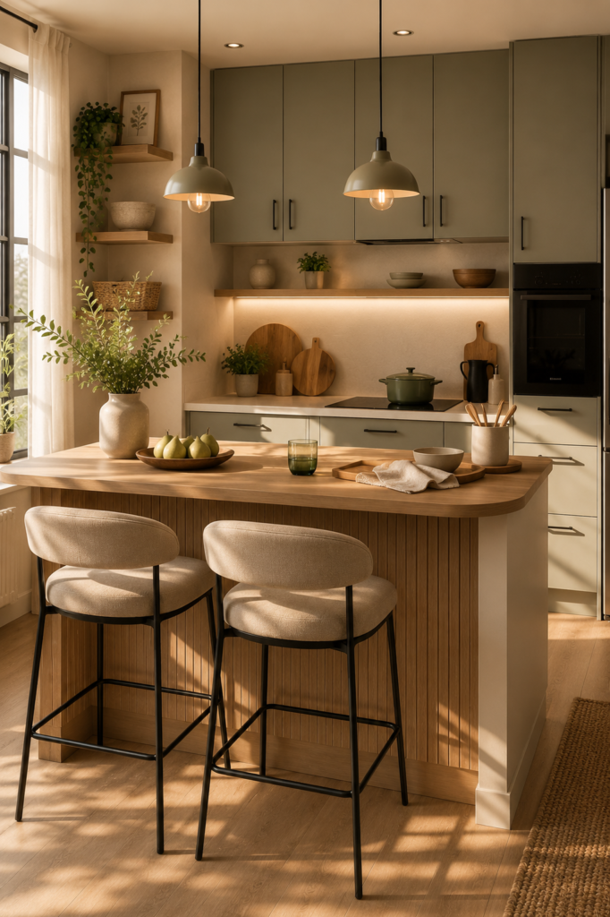 Bright Scandinavian-style kitchen featuring a warm wood kitchen island with vertical slat detailing, two upholstered bar stools, modern dome pendant lights, open floating shelves, decorative plants, wooden cutting boards, and abundant natural sunlight streaming through large windows.