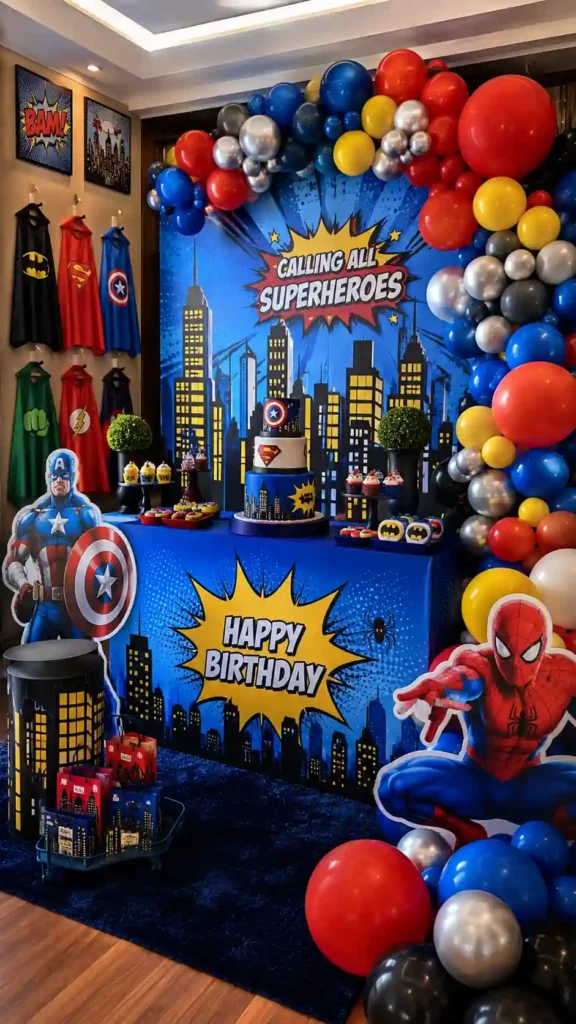 Superhero-themed birthday party display featuring a vibrant comic-book cityscape backdrop with 'Calling All Superheroes' and 'Happy Birthday' graphics. The setup includes red, blue, yellow, silver, and black balloon garlands, a tiered superhero cake, themed desserts, superhero capes on display, and life-size character standees. Gift bags, city skyline decorations, and colorful balloons create an energetic comic-inspired celebration atmosphere.