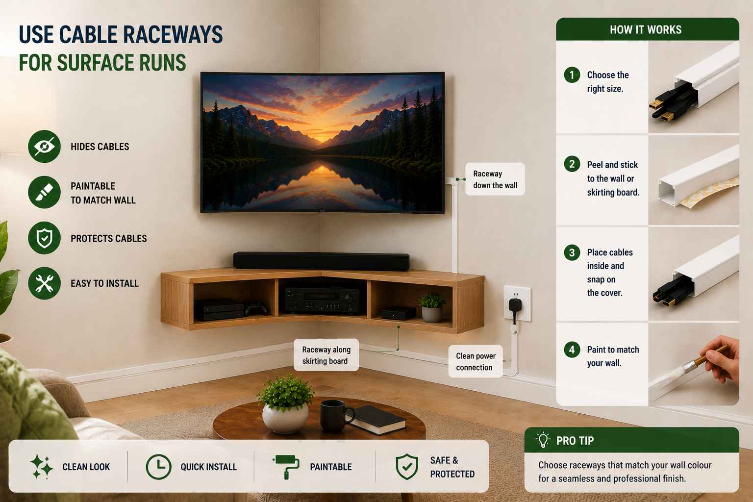 Infographic showing a corner wall-mounted TV with surface-mounted cable raceways that neatly conceal power and HDMI cables along the wall and skirting board for a clean, paintable cable management solution.