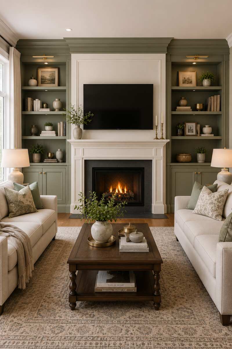 Elegant transitional living room with matching floor-to-ceiling built-in cabinets flanking a central fireplace. Soft sage green cabinetry, crown molding, decorative shelving, a wall-mounted TV above the mantel, and cream upholstered sofas create a timeless and perfectly balanced interior design.