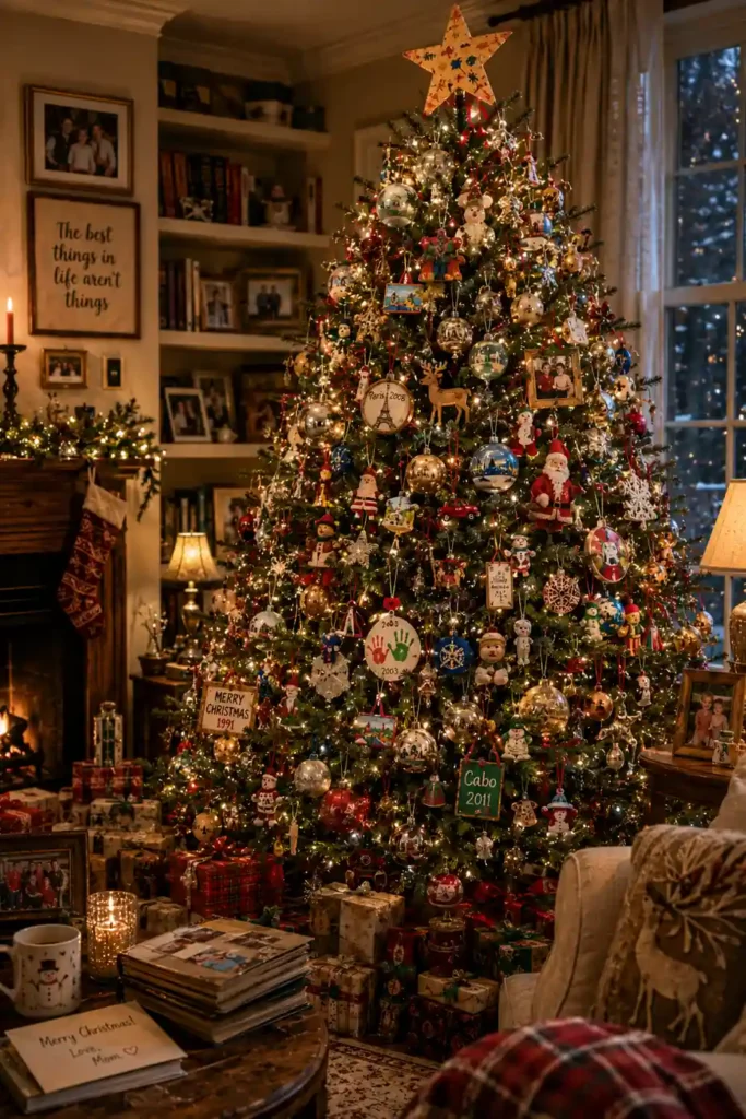 A cozy family Christmas tree decorated with handmade ornaments, travel souvenirs, heirloom decorations, childhood crafts, family keepsakes, warm fairy lights, and wrapped gifts in a welcoming living room with a fireplace.
