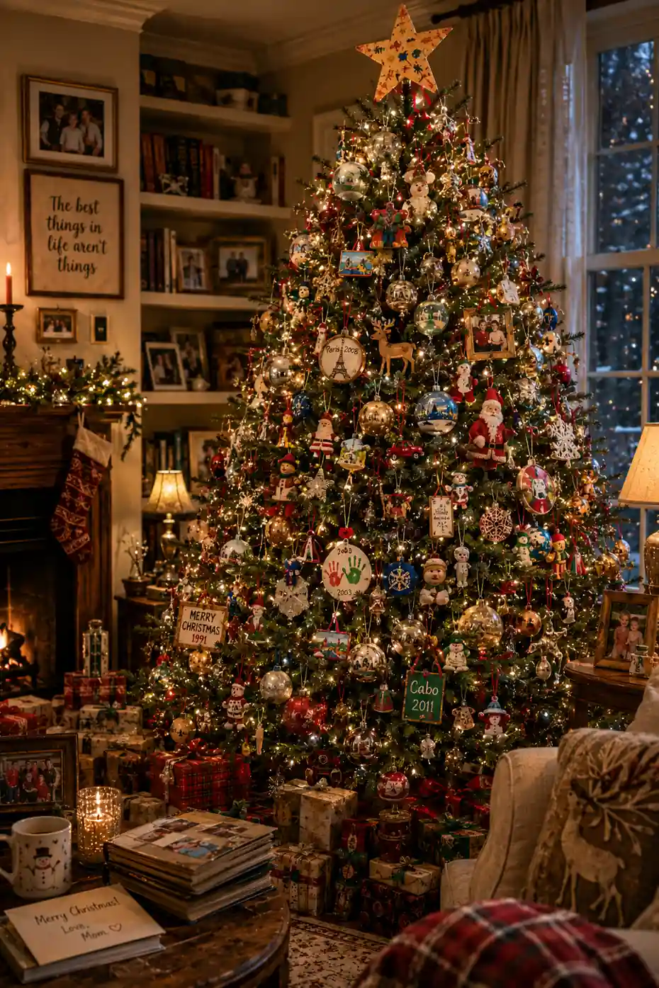 A cozy family Christmas tree decorated with handmade ornaments, travel souvenirs, heirloom decorations, childhood crafts, family keepsakes, warm fairy lights, and wrapped gifts in a welcoming living room with a fireplace.