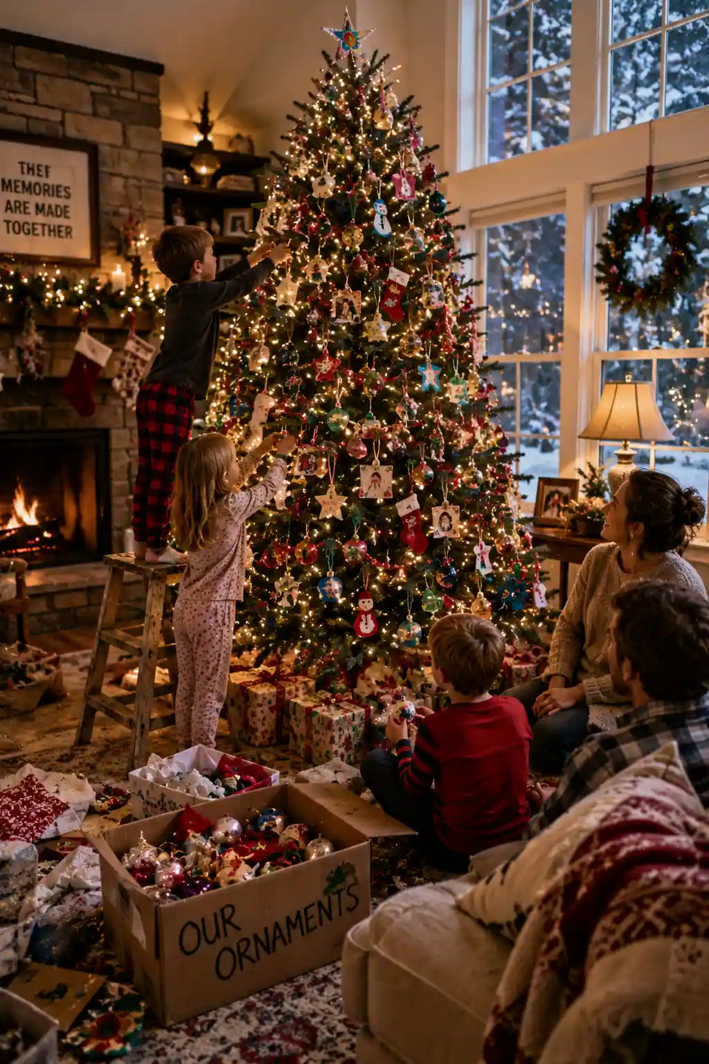 Children decorating a Christmas tree with handmade ornaments while parents watch in a cozy living room with a fireplace, wrapped gifts, holiday decorations, and snowy winter views outside.