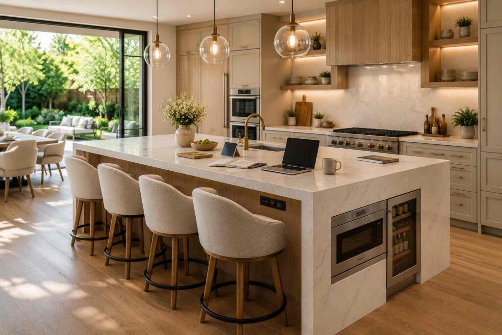 Bright luxury family kitchen featuring a 7-foot waterfall quartz island with four upholstered swivel stools, built-in USB charging ports, integrated microwave drawer, and under-counter beverage fridge. The open-concept kitchen includes warm wood cabinetry, soft neutral finishes, designer pendant lighting, large sliding glass doors overlooking a landscaped backyard, and abundant natural daylight creating a welcoming family-friendly gathering space.