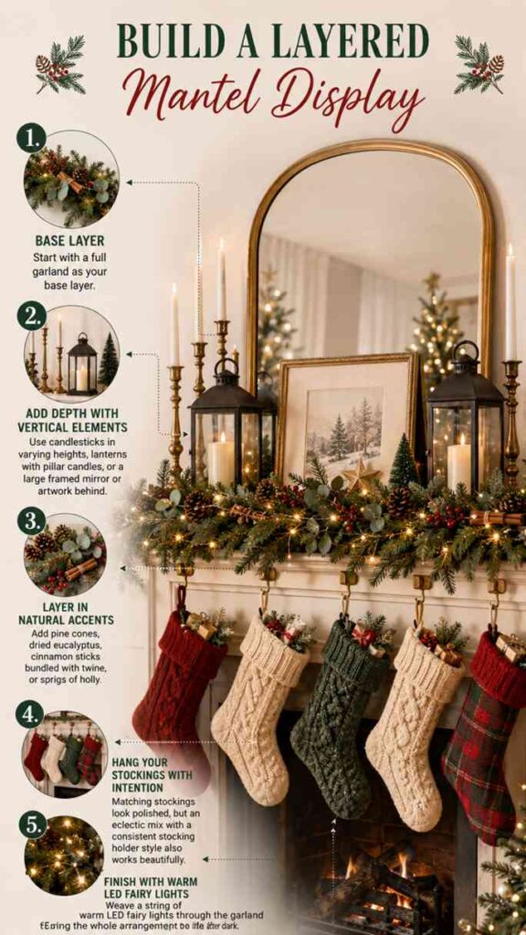 Holiday decorating infographic titled “Build a Layered Mantel Display.” The image shows a festive fireplace mantel decorated with evergreen garland, pinecones, berries, candles, lanterns, framed artwork, and warm string lights. Five knitted Christmas stockings in red, cream, green, and plaid hang from the mantel above a lit fireplace. Step-by-step callouts explain how to create a layered mantel using a garland base, varying-height decorative elements, natural accents, coordinated stockings, and warm LED fairy lights.