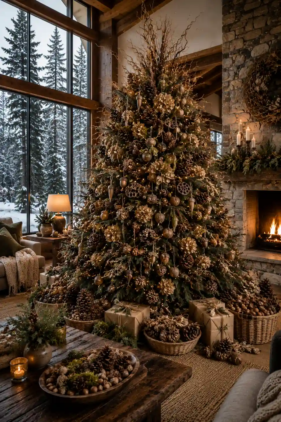 Luxury Christmas tree decorated with oversized pinecones, acorns, dried lotus pods, magnolia seed heads, twisting branches, and natural woodland treasures inside a cozy rustic cabin with snowy forest views and a stone fireplace.