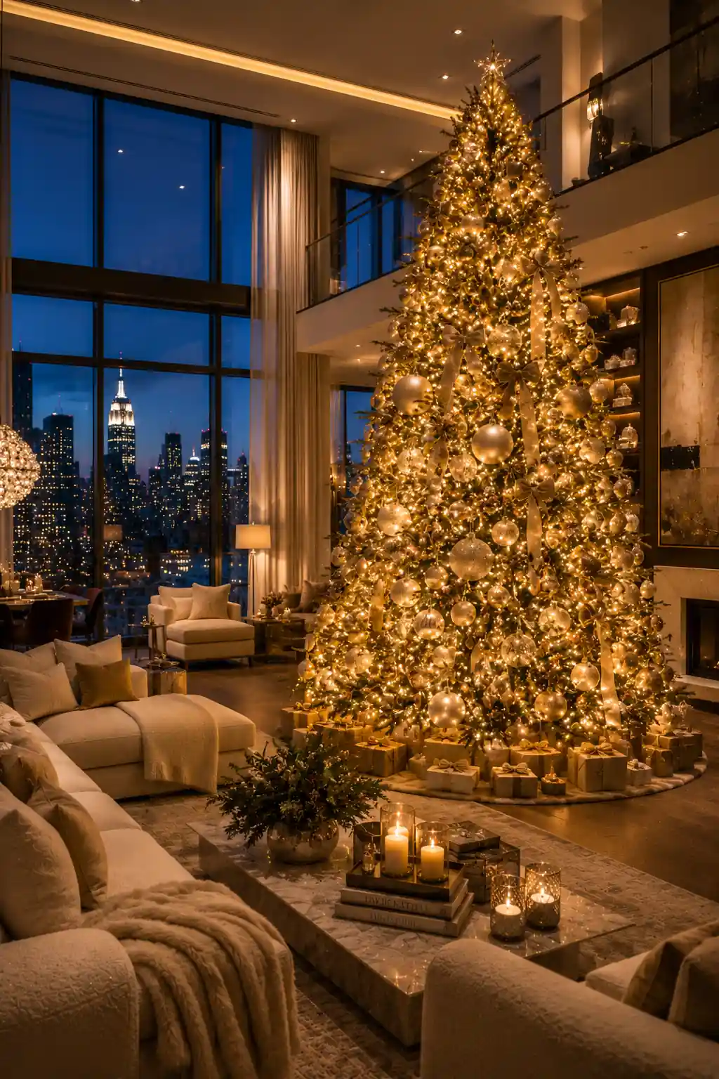 Luxury Christmas tree illuminated with layered warm white fairy lights woven deep inside the branches, creating a glowing-from-within effect in a modern penthouse living room with floor-to-ceiling windows, city skyline views, and elegant holiday decor.