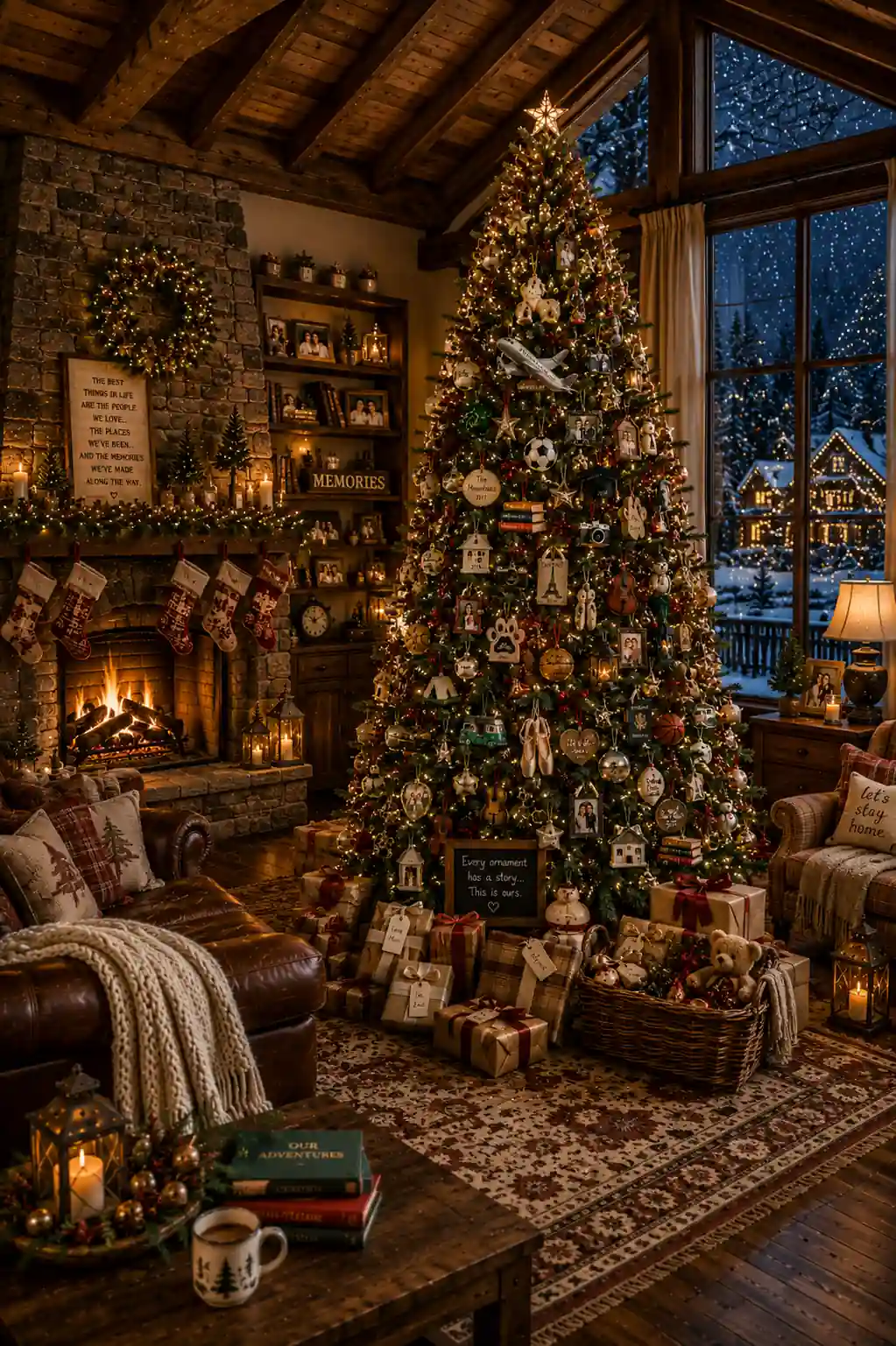 Memory-themed Christmas tree decorated with meaningful ornaments including travel souvenirs, family photo ornaments, books, musical instruments, sports keepsakes, and milestone mementos in a cozy rustic living room with a fireplace and snowy winter views.
