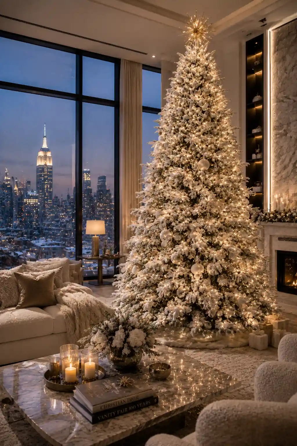 Elegant flocked Christmas tree with snow-covered branches, warm white lights, minimal ivory ornaments, and a statement star topper in a luxury penthouse living room with floor-to-ceiling windows and snowy city views.