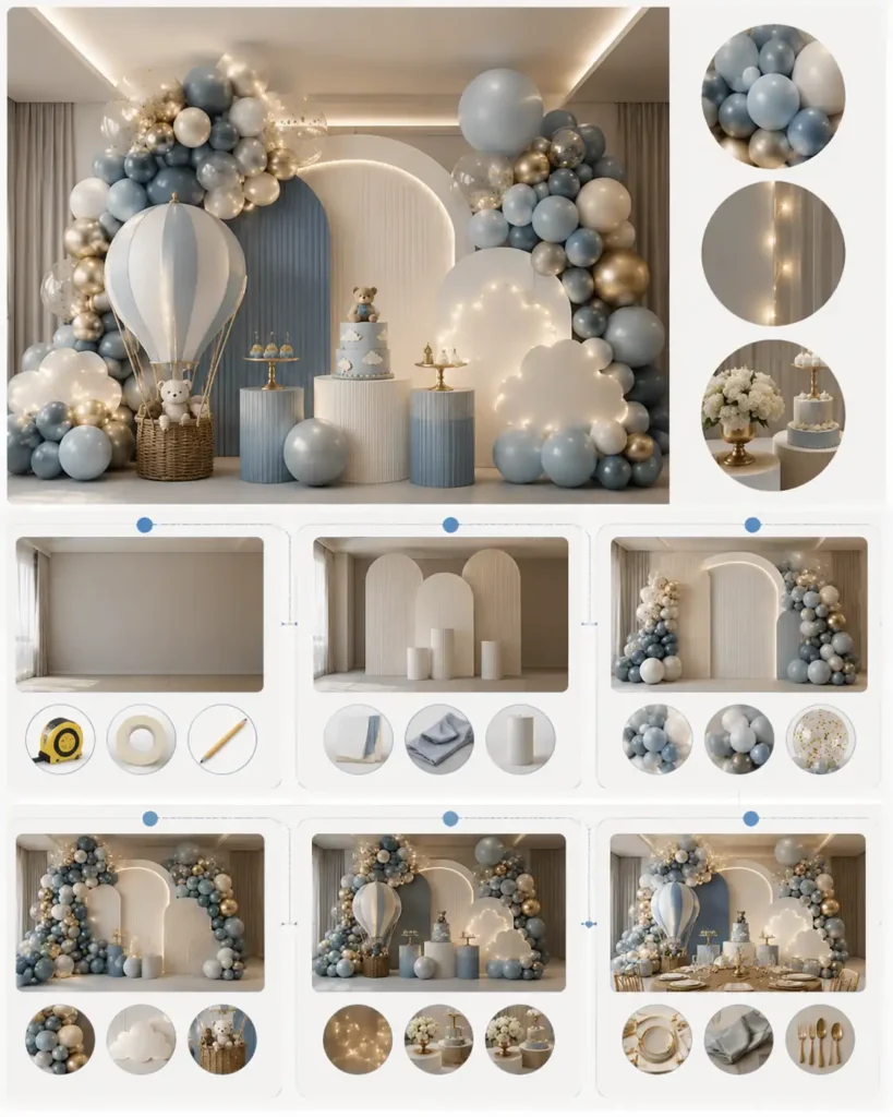 A step-by-step visual guide showing how to assemble a pastel blue and cream hot-air-balloon birthday backdrop, including materials, backdrop panels, balloon garlands, lighting, decorative elements, dessert setup, and final table styling
