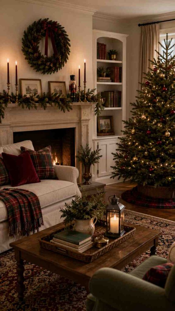Traditional Christmas living room decorated with warm holiday accents. A lit Christmas tree adorned with red and gold ornaments stands beside a fireplace decorated with evergreen garland, candles, framed artwork, and a large wreath with a red ribbon. A cream-colored sofa with plaid and velvet cushions is draped with a tartan throw, while a wooden coffee table holds a tray with books, greenery, and a lantern candle. Built-in bookshelves and a glowing fireplace create a cozy, classic holiday atmosphere.