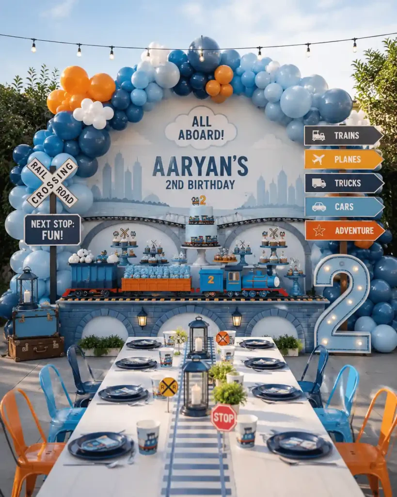 Transportation-themed birthday party setup featuring a train-inspired dessert display, blue and orange balloon garlands, and a personalized backdrop reading 'All Aboard! Aaryan’s 2nd Birthday.' The décor includes trains, planes, trucks, and cars, with directional signs, railroad crossing symbols, a large illuminated number 2, and a themed dining table styled like train tracks. The playful travel-inspired atmosphere celebrates a young transportation enthusiast