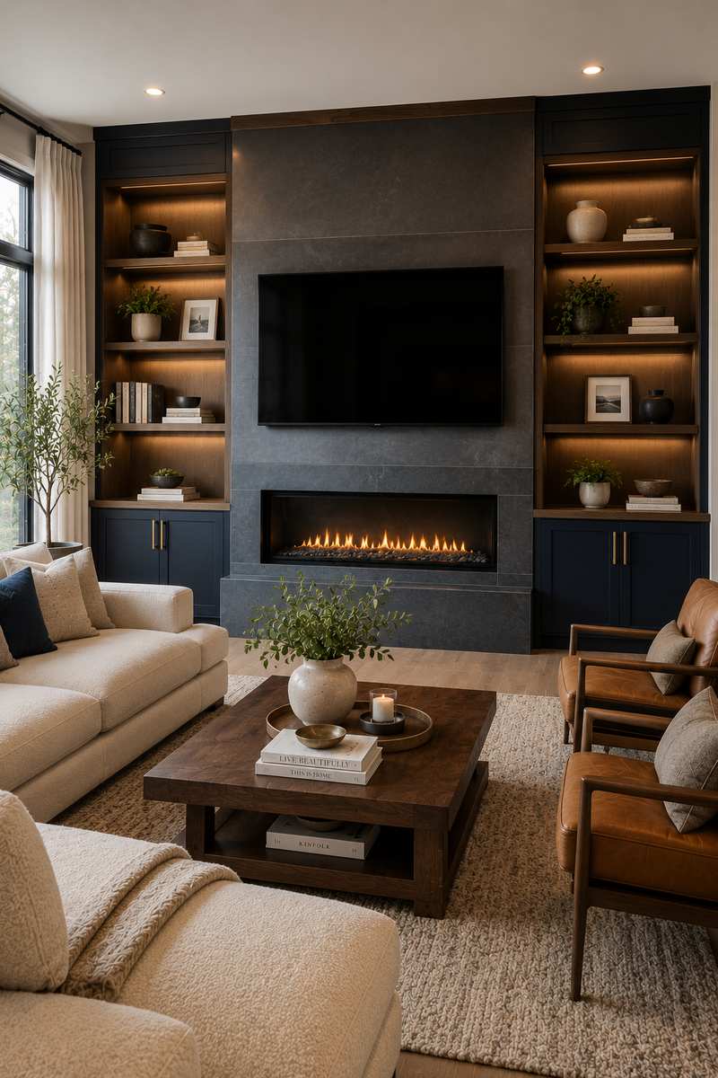 Designer-inspired living room with a custom two-tone media wall combining deep navy cabinetry, warm walnut shelving, integrated LED lighting, a sleek linear fireplace, and a wall-mounted television. Cream seating, caramel leather chairs, and natural wood finishes create a sophisticated contemporary family room.