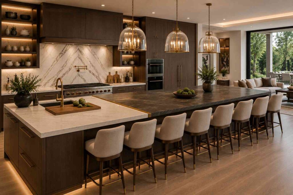 Luxury modern kitchen featuring a large two-zone island with a dedicated prep area including a sink and cutting board, transitioning into an eight-seat dining section with upholstered stools. The island showcases contrasting marble and dark stone countertops, brass accents, warm ambient lighting, custom wood cabinetry, and an elegant open-concept layout designed for entertaining and everyday living.