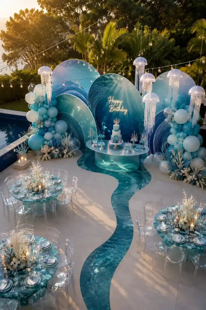 Elegant underwater ocean-themed birthday party setup by a pool, featuring layered wave-inspired backdrops in shades of blue, hanging jellyfish decorations, and light-blue balloon installations. A glowing 'Happy Birthday' display frames a sea-themed cake and dessert table, while transparent chairs, ocean-inspired centerpieces, coral décor, and a winding water-patterned floor design create a magical under-the-sea celebration atmosphere