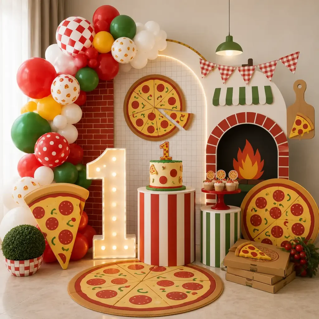 A colorful pizza-themed first birthday setup featuring red, green, white, and yellow balloon garlands, a large illuminated number “1,” pizza-slice decorations, a pizza-oven backdrop, striped pedestals, themed cake and cupcakes, pizza boxes, and playful Italian pizzeria-inspired party decor.
