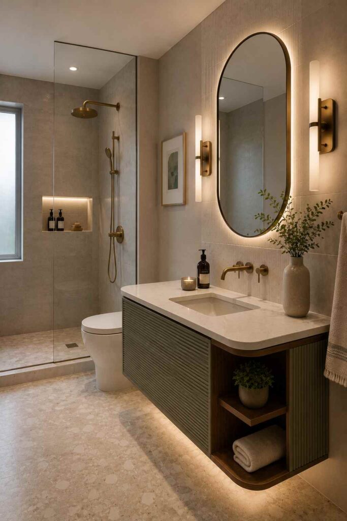 Modern bathroom featuring a floating fluted vanity with a white stone countertop and integrated sink, an illuminated arched mirror with brushed brass wall sconces, brushed brass wall-mounted faucet and shower fixtures, a frameless glass walk-in shower with a recessed illuminated niche, a wall-hung toilet, terrazzo-style floor tiles, soft neutral wall tiles, under-vanity lighting, decorative greenery, and warm ambient lighting.
