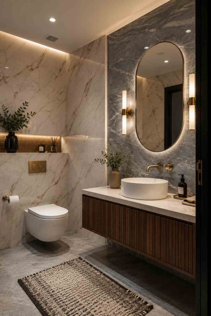 A sophisticated contemporary bathroom featuring a floating walnut slatted vanity with a white vessel sink and brushed brass wall-mounted faucet. An arched backlit mirror is framed by two vertical brass sconces against a dark gray marble accent wall, while large white marble-effect wall tiles create a bright, elegant backdrop. A wall-hung toilet with a concealed cistern, warm LED cove lighting, decorative plants, and a textured black-and-cream bath rug complete the luxurious, minimalist design.
