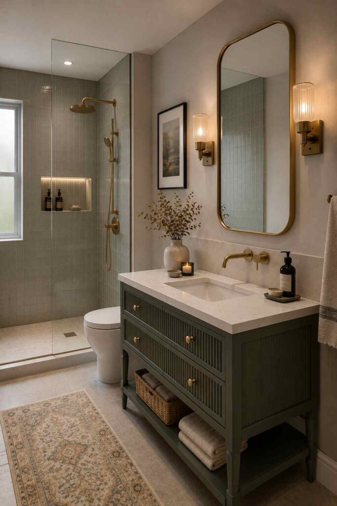 Elegant contemporary bathroom featuring a painted freestanding vanity with fluted cabinet fronts, a white stone countertop with an integrated sink, a tall rounded-rectangle mirror, brushed brass wall-mounted faucet and matching wall sconces, a frameless glass walk-in shower with soft green vertical wall tiles and a recessed illuminated niche, a wall-hung toilet, a patterned runner rug, decorative greenery, and warm ambient lighting. 
