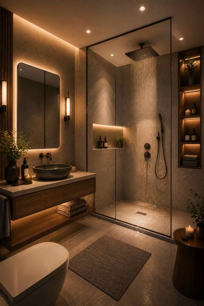 A luxurious contemporary bathroom with warm ambient lighting. The space features a floating walnut vanity with a white stone countertop and a dark round vessel sink beneath a large rounded-rectangle backlit mirror. A spacious frameless glass walk-in shower occupies the center, with a ceiling-mounted rainfall showerhead running water, a handheld shower, and an illuminated recessed niche holding toiletries and a small plant. Built-in wood shelving with integrated lighting displays towels, candles, and bathroom accessories, while soft under-vanity lighting, a textured bath rug, and natural décor create a cozy spa-like atmosphere.