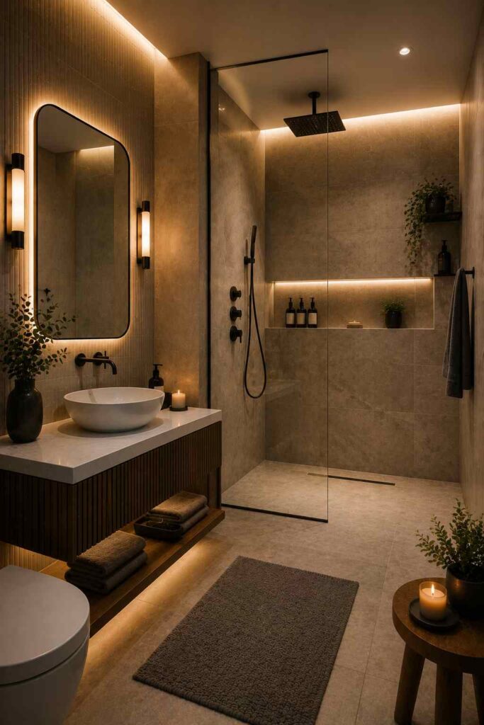 A warm, modern spa-style bathroom featuring a floating wood vanity with a white vessel sink beneath a large rounded-rectangle mirror framed by soft LED backlighting. Black wall-mounted fixtures and vertical sconces complement the minimalist design. A frameless glass walk-in shower with a ceiling-mounted rainfall showerhead, handheld sprayer, illuminated recessed shelf, and neutral stone-look tiles creates an open, luxurious feel. Ambient LED lighting under the vanity and along the shower walls enhances the cozy atmosphere, while plants, candles, folded towels, and a textured bath rug add natural warmth and comfort. 
