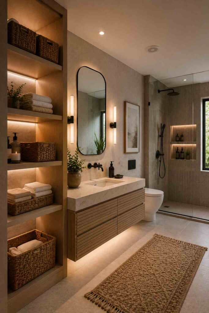 Modern luxury bathroom with a floating wood vanity featuring horizontal slatted drawer fronts, a white stone countertop with an integrated sink, a backlit rounded-rectangle mirror flanked by slim black wall sconces, warm under-vanity lighting, a tall built-in illuminated shelving unit with woven baskets and folded towels, a frameless glass walk-in shower with matte black fixtures and recessed illuminated storage niches, light stone floor tiles, a textured beige runner rug, and warm ambient lighting creating a spa-like atmosphere.
