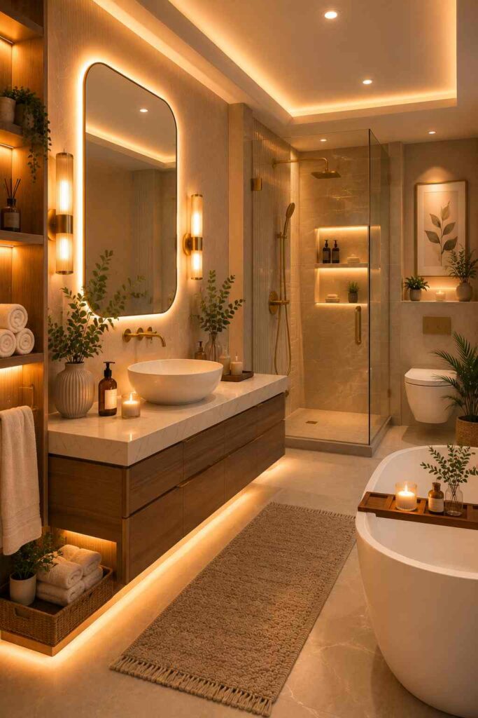 A luxurious modern bathroom with warm ambient lighting. The space features a floating walnut vanity with a white stone countertop and round vessel sink, a large rounded-rectangle backlit mirror flanked by brass wall sconces, illuminated open shelving with towels and décor, under-vanity LED lighting, a frameless glass walk-in shower with built-in illuminated niches, a wall-mounted toilet, and a freestanding white bathtub with a wooden bath tray holding a candle and accessories. Soft beige stone finishes, indoor plants, and a textured woven runner create a spa-like atmosphere. 
