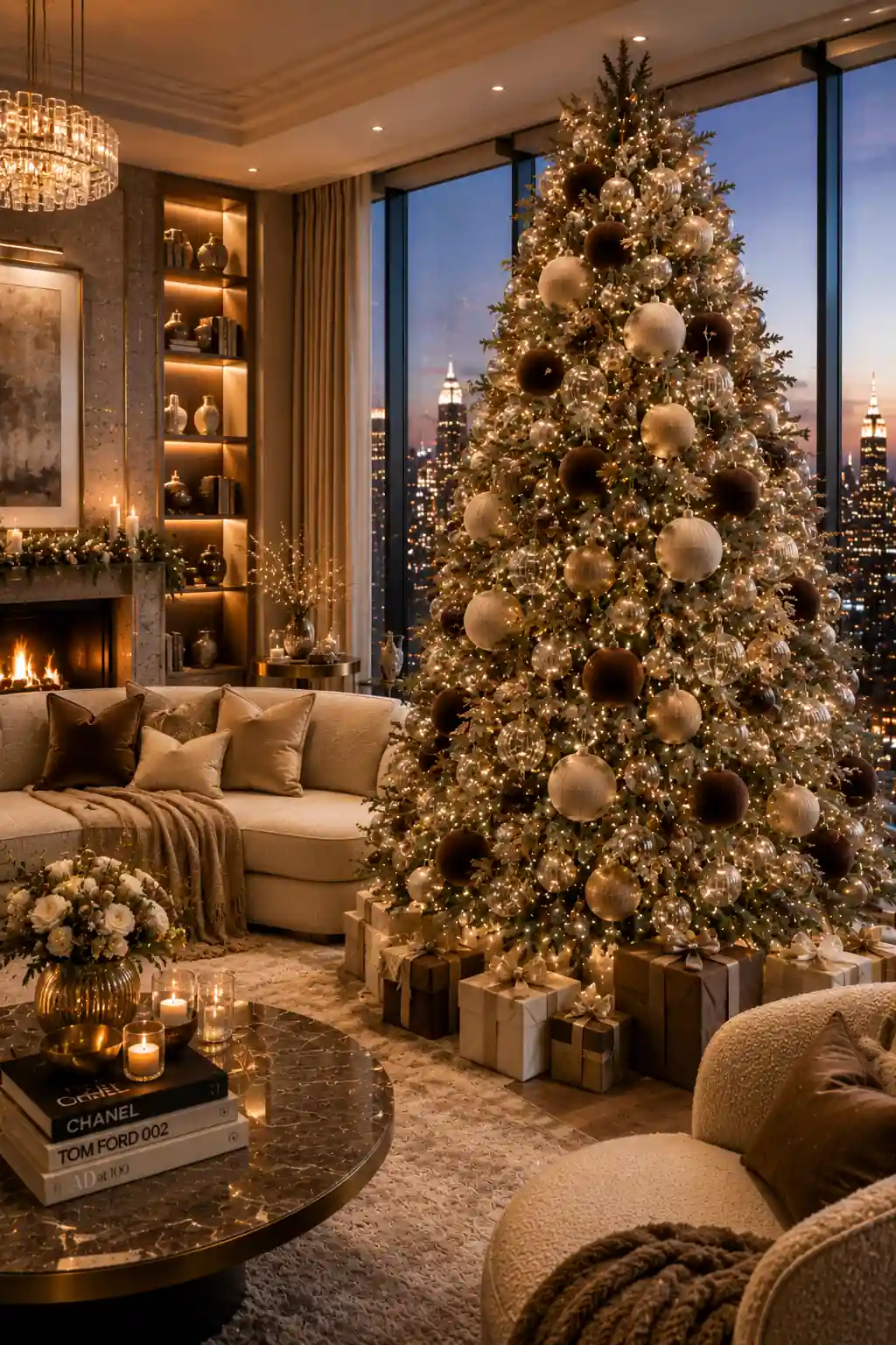 Luxury Christmas tree decorated with champagne velvet ornaments, ivory velvet baubles, matching glass ornaments, and warm fairy lights in an elegant penthouse living room with city skyline views and cozy holiday decor.