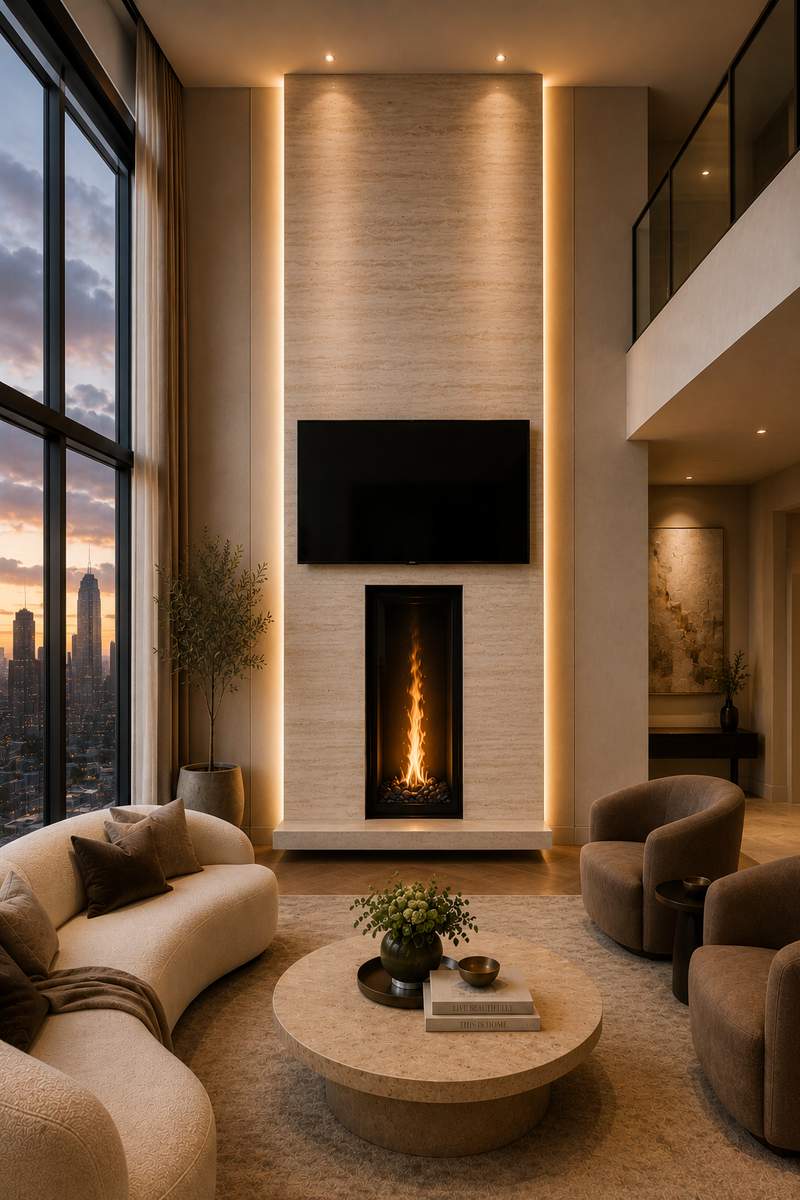 Luxury contemporary living room with a dramatic floor-to-ceiling limestone feature column, tall vertical fireplace, wide wall-mounted television extending beyond the column edges, LED backlighting, curved bouclé sofa, sculptural accent chairs, and expansive city skyline windows that emphasize vertical architectural design.