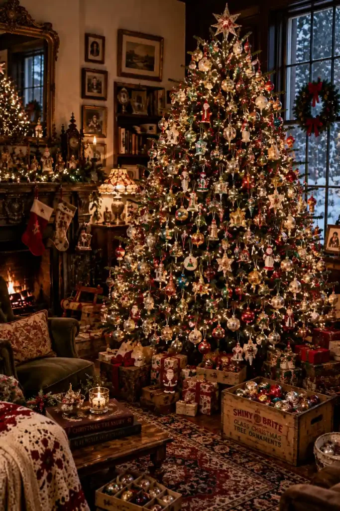 Beautiful Christmas tree decorated with vintage glass ornaments, antique holiday collectibles, retro Shiny Brite decorations, warm fairy lights, and nostalgic Christmas decor inside a cozy historic living room with a fireplace.