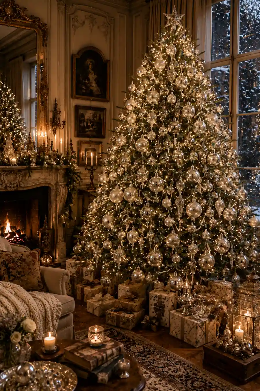 Elegant Christmas tree decorated with antique mercury glass ornaments, aged silver baubles, crystal garlands, warm fairy lights, and vintage-inspired gifts inside a luxurious European-style living room with a fireplace and candlelight.