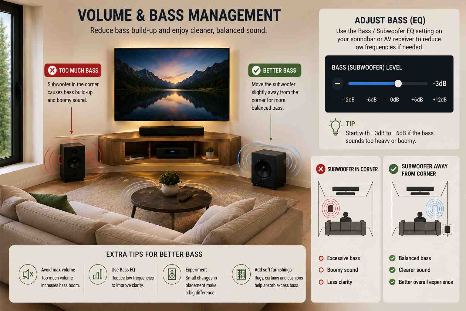 Infographic showing proper bass management in a corner TV setup, comparing subwoofer placement directly in the corner versus slightly away from the corner, with bass EQ adjustment for clearer, more balanced surround sound.