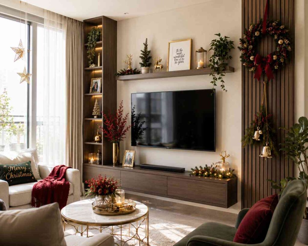 Modern living room decorated for Christmas with a wall-mounted TV framed by dark wood shelving and festive greenery. Red berry arrangements, candles, gold reindeer accents, and a holiday wreath with bells add seasonal charm. A cream armchair with a red throw, a marble coffee table with a floral centerpiece, and soft natural light from floor-to-ceiling windows create a warm, elegant holiday atmosphere in a compact space