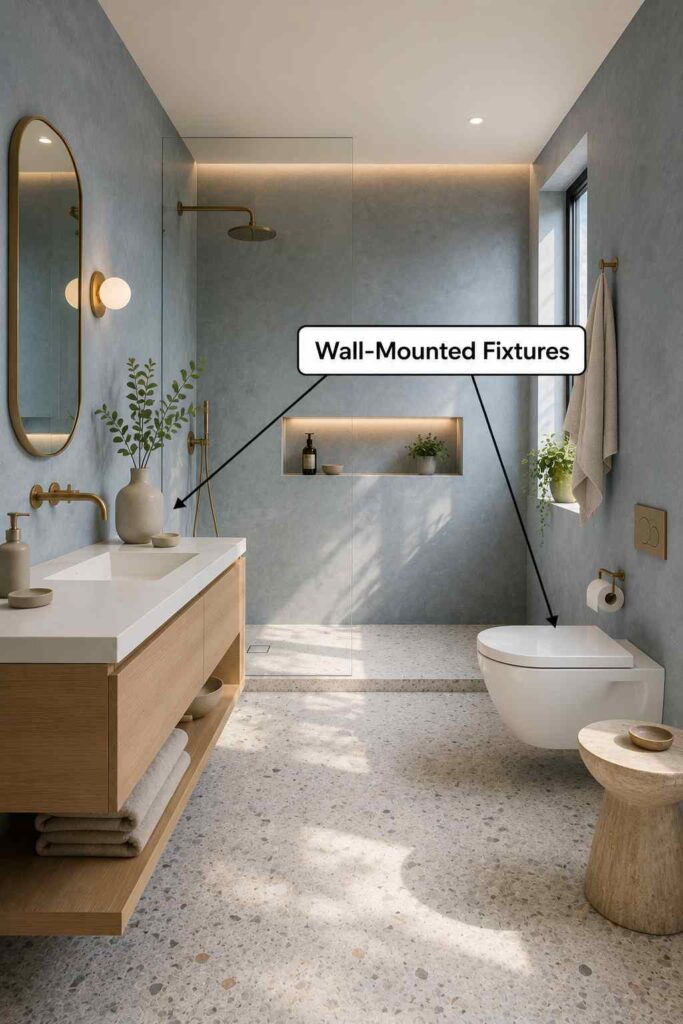 Modern bathroom with soft blue textured walls, a floating wood vanity with a white integrated sink, brushed brass wall-mounted faucet and shower fixtures, a frameless glass walk-in shower, a wall-hung toilet, a recessed illuminated shower niche, an oval mirror, decorative plants, a terrazzo-style floor, and natural light from a large window. The image includes an annotation reading “Wall-Mounted Fixtures” with arrows pointing to the wall-mounted faucet and wall-hung toilet.
